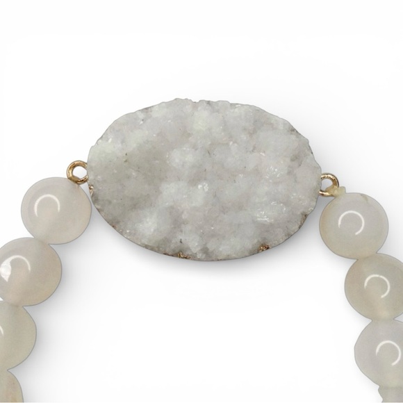 White Onyx & Druzy Quartz Beaded Stretch Bracelet 7", 8mm Natural Stone Beads - Picture 9 of 12